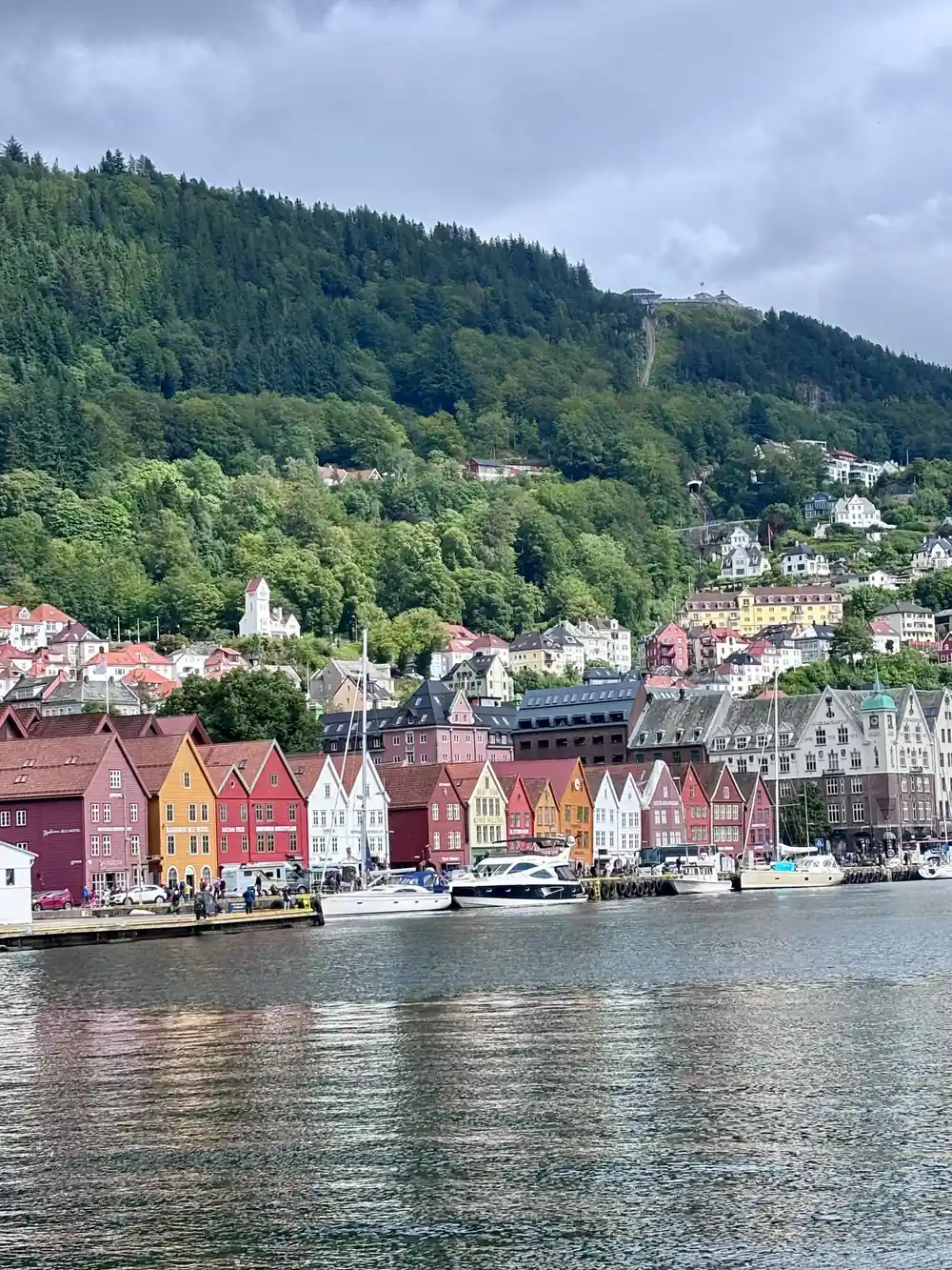 The Bergen waterfront with painted houses rising up the hill