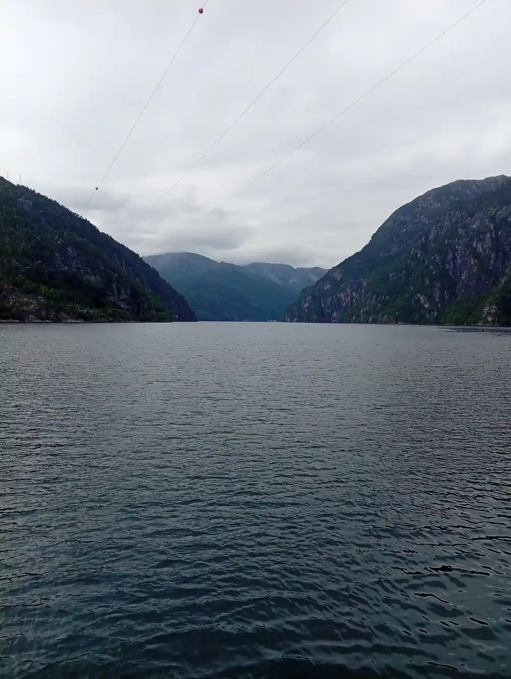 A broad grey fjord reach under low cloud