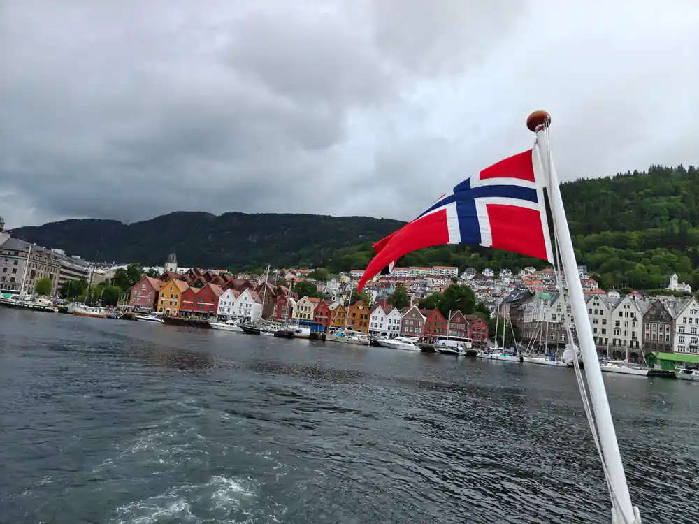 Bryggen and the Bergen waterfront with the flag flying
