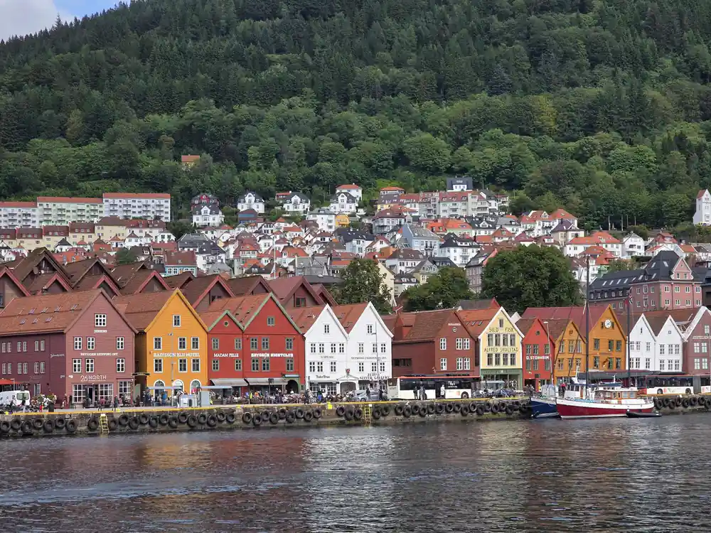 The painted timber facades of Bryggen from the water
