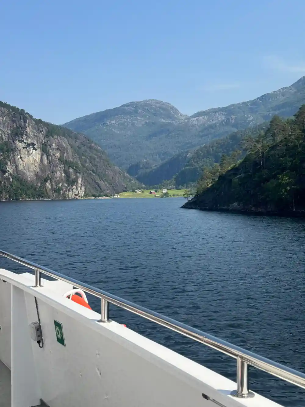 The rail and lifebuoy with the fjord opening ahead
