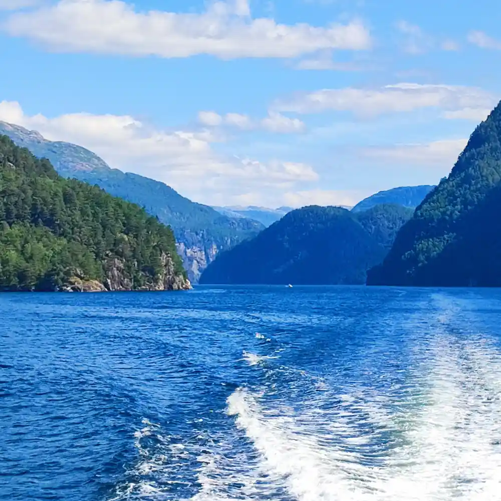 The wake trailing back down a steep-sided fjord