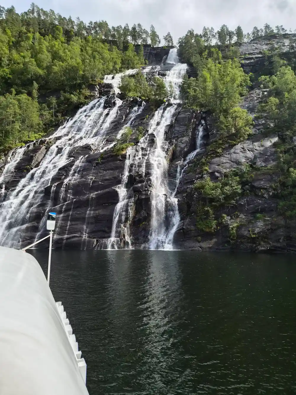A waterfall seen past the vessel bow