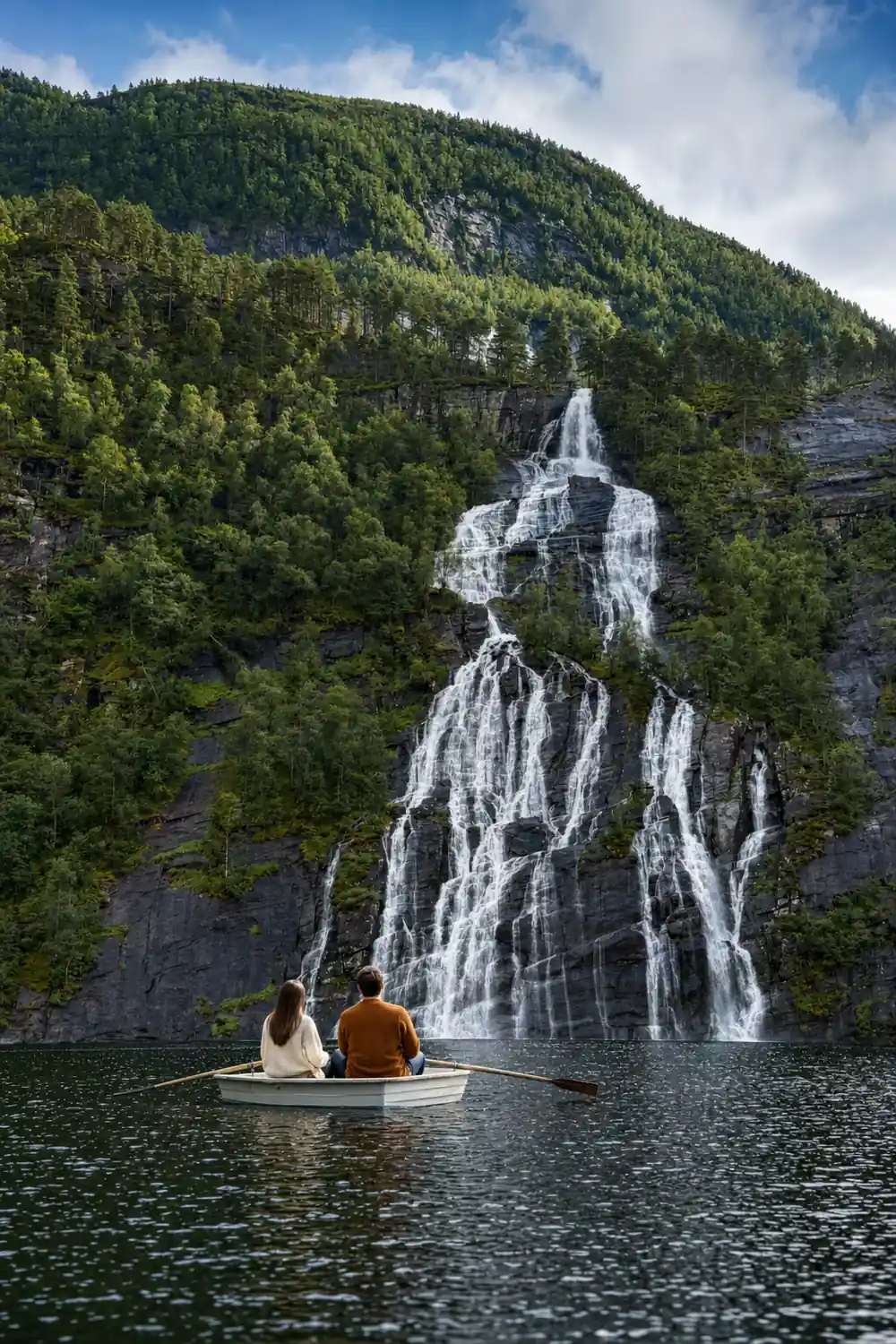 A wide waterfall fanning out over dark rock